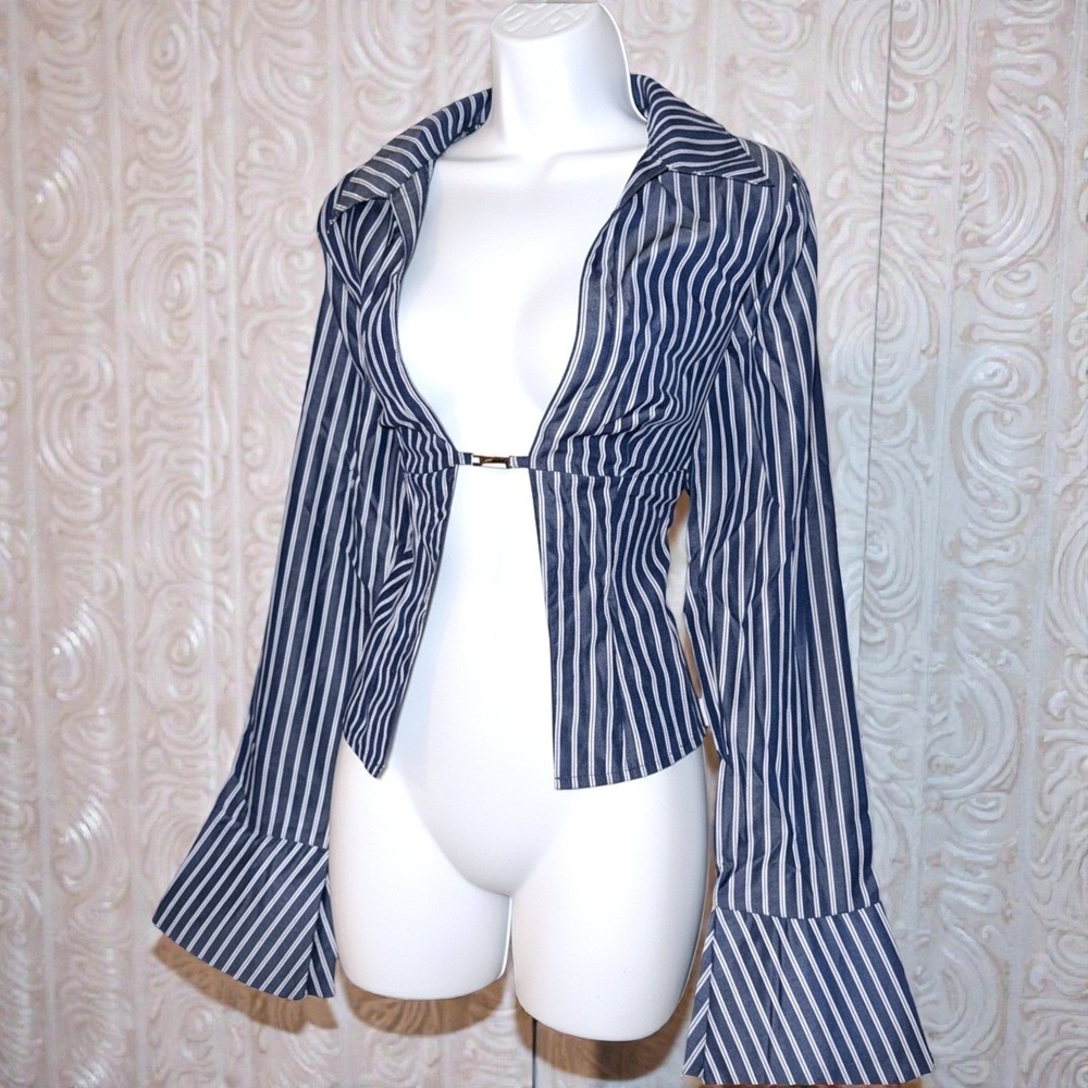 New XS Striped Long Sleeve Top‎ Shirt Flare Y2k 90's Sexy Open Front
